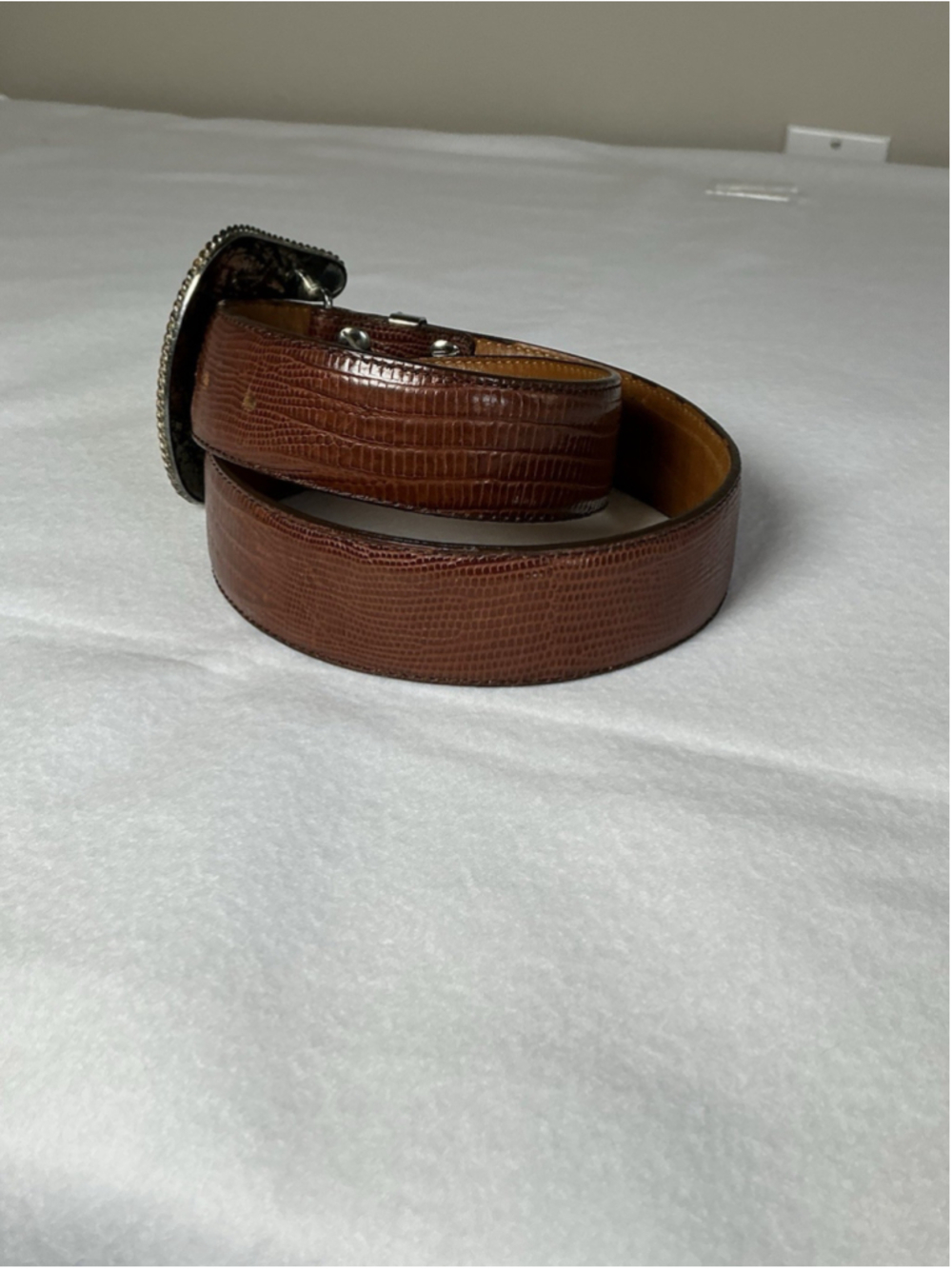 Vintage Al Beres USA Lizard Leather Belt Sz 30 Brown Western 3 Piece Tip Buckle - Picture 2 of 15